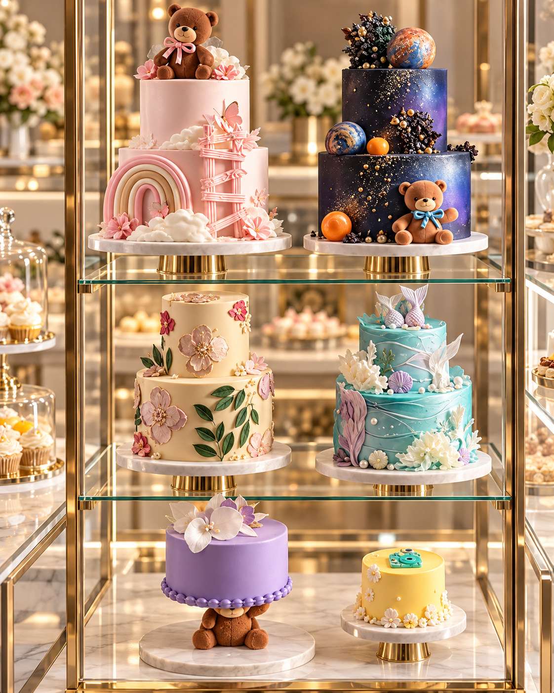 Six celebration cakes in a glass display case