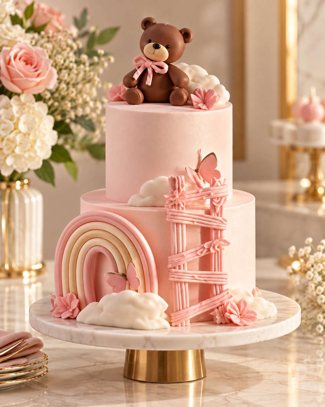 Pink two-tier cake with a teddy bear and a rainbow