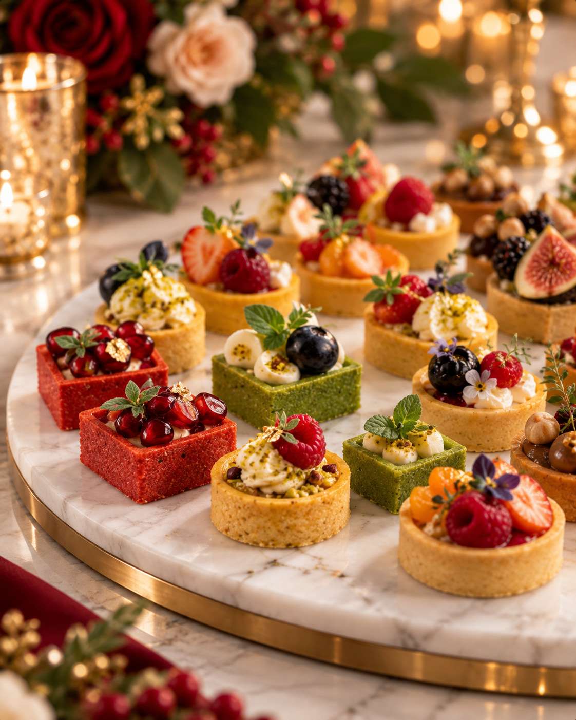 Savory tartlets with berries, figs and herbs on a marble board