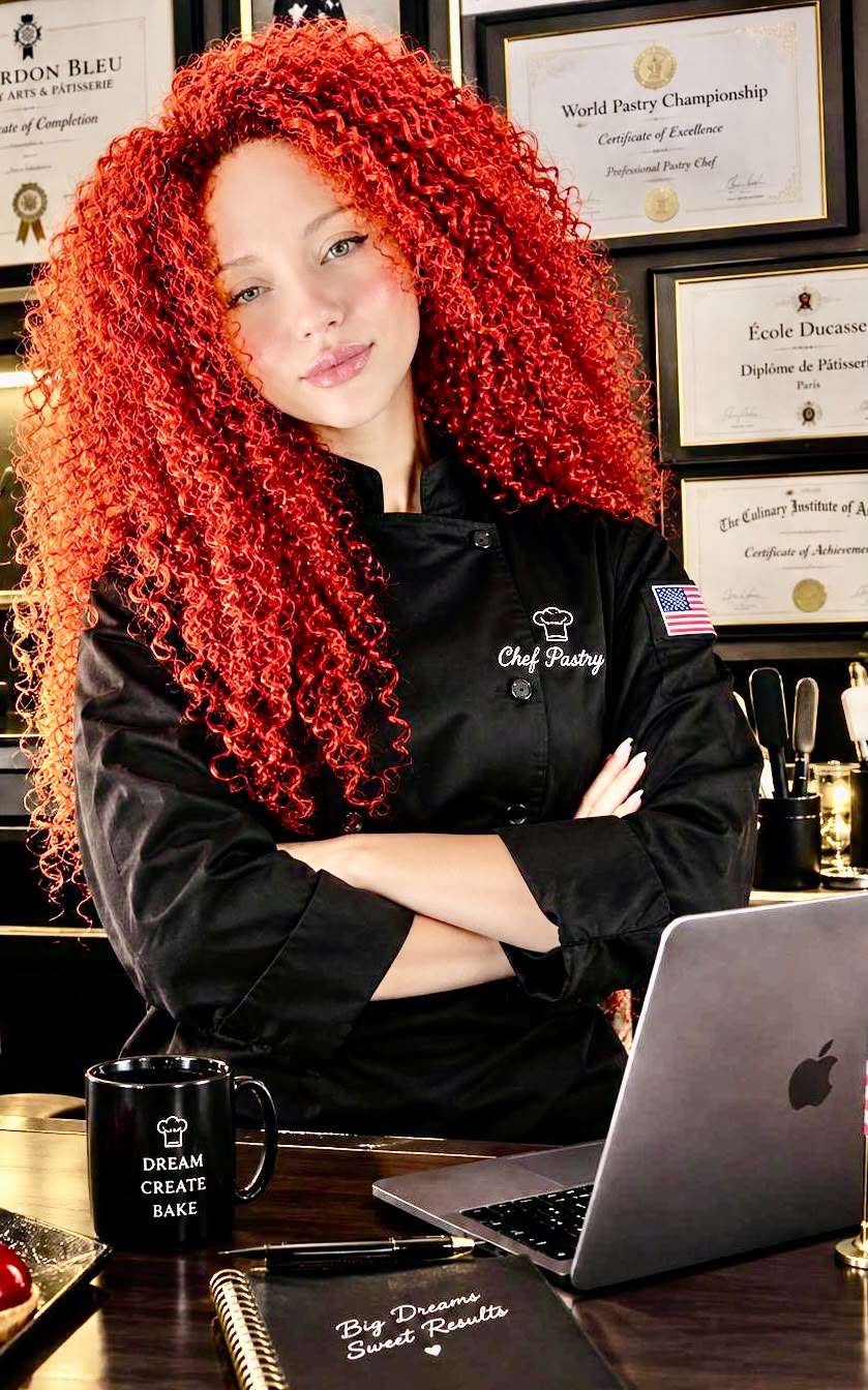 Rana, with long red curls and a black chef’s jacket, standing at her desk with her arms folded