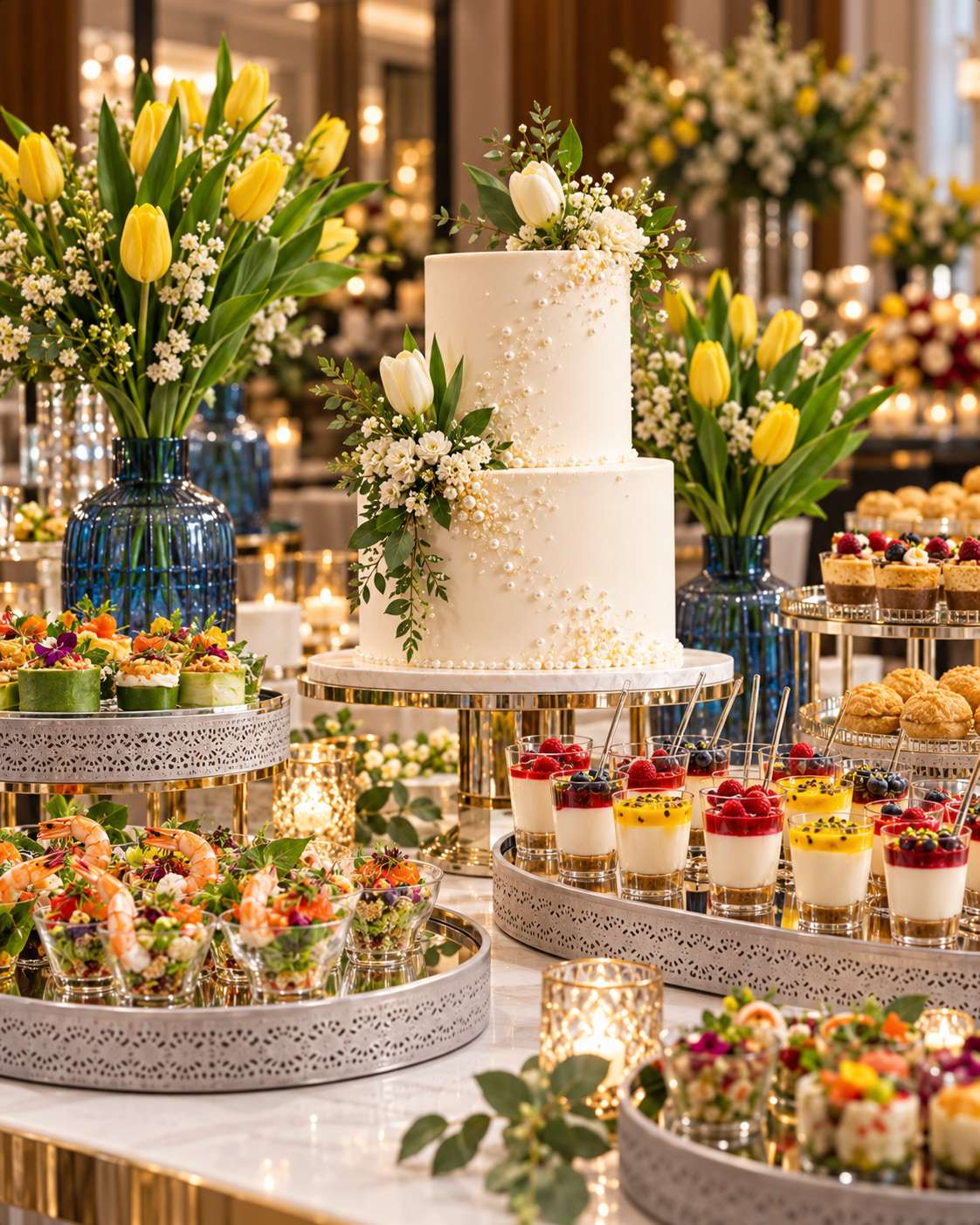 Pearl-dotted white cake with tulips on a dessert table of shrimp cups and layered desserts