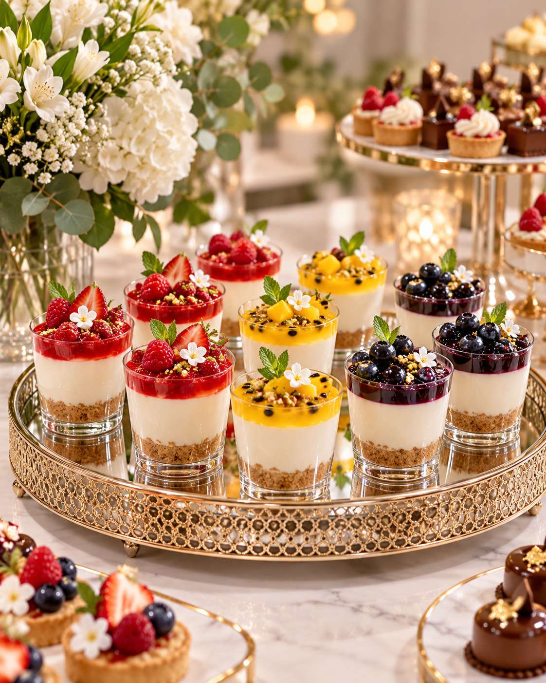 Layered dessert cups with berries, mango and passion fruit on a gold tray