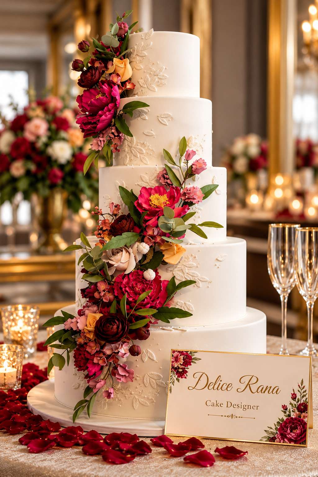 Five-tier white wedding cake with a cascade of burgundy sugar peonies